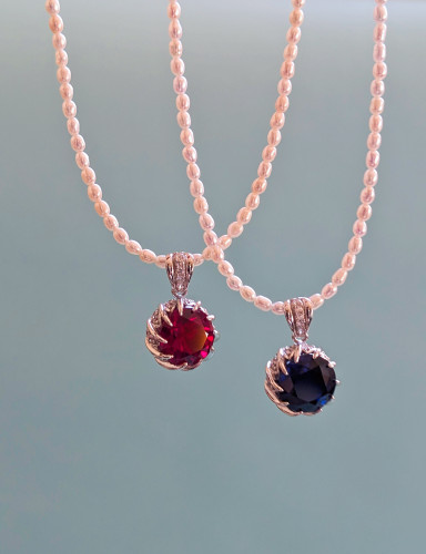 8 CT Round Ruby/Sapphire Pearl Necklace