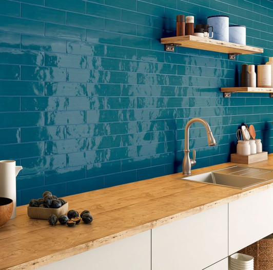 Glossy blue metro wall tile 300x75mm