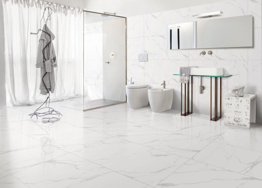 Extra Large or XL format white marble matt finished porcelain tile for the bathroom, kitchen, lounge, and hallway.
