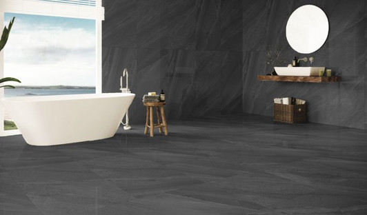 Black stone effect polished porcelain tile