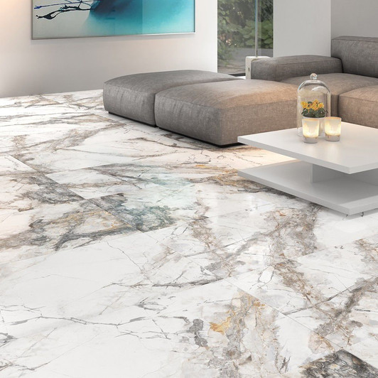 Satin finished marble effect porcelain floor and wall tile 1200x600mm