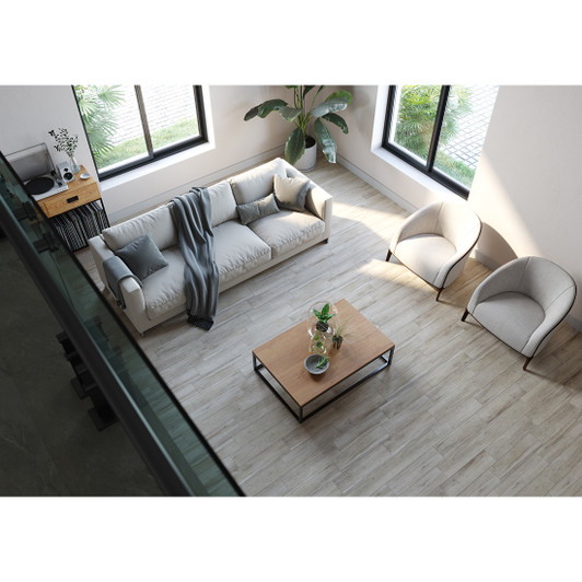 Beige wood effect and matt finished floor and wall tile.