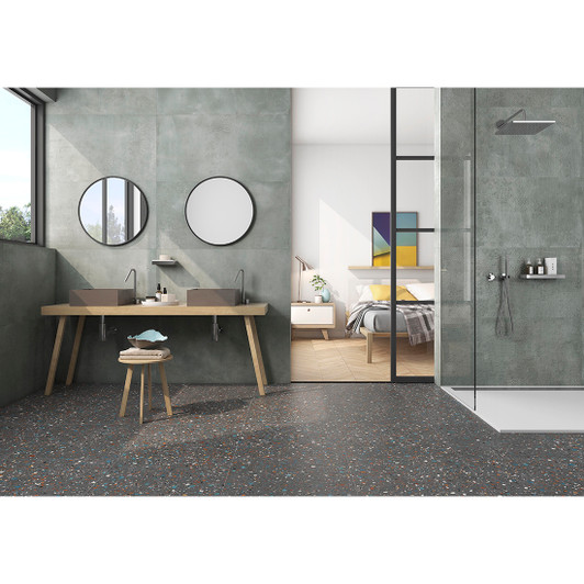 Terrazzo Gobi Dark Grey colour rectified porcelain tile 60x60cm.