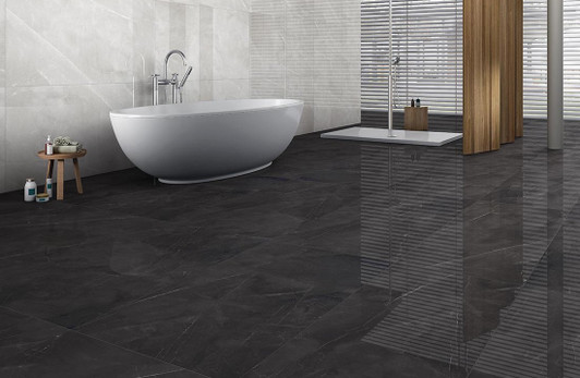Luxurious Scandinavia Black Polished Marble Rectified Tile 120x60cm with glossy finish and intricate veining, perfect for floors and walls, available at Tiles Deluxe.