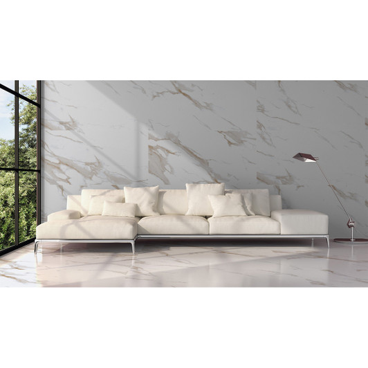 Statuario Gold Polished Marble Effect Porcelain Wall and Floor Tile 60x120cm