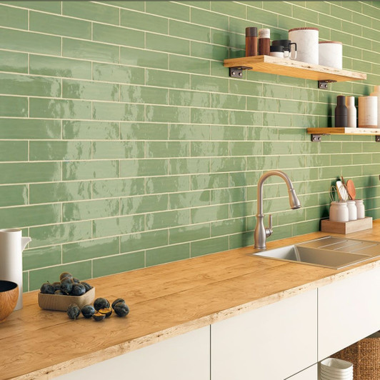 Glossy sage green ceramic wall tile 300x75mm