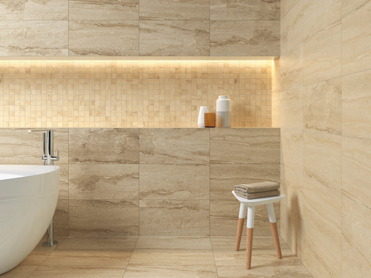 Travertine look porcelain, noce colour, wall and floor tile.