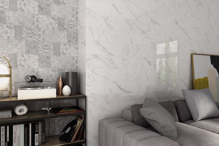 Carrara white marble effect wall tile 200x600mm