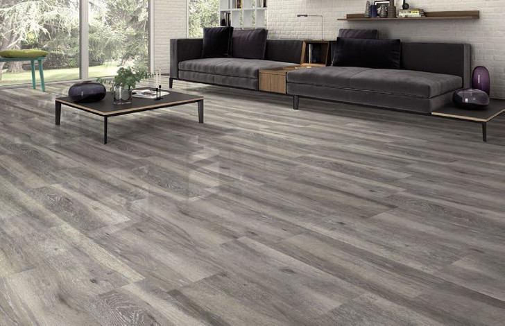 Grey gloss wood effect floor and wall tiles.