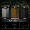 Angled shot of 6 x 6  Black Aluminum Solar Post Light with wooden post under it 3 different styles of wooden posts