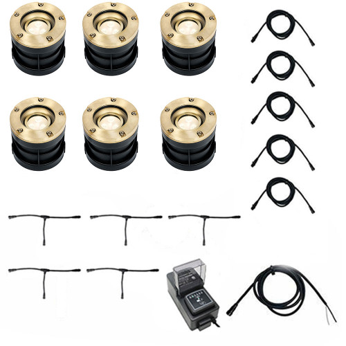 LED Brass In Ground N.S.C. Well Light 6 Kit w/ Open Face Brass Cover System, LED Bulbs Included - OIGLK-5AI-OPN-6