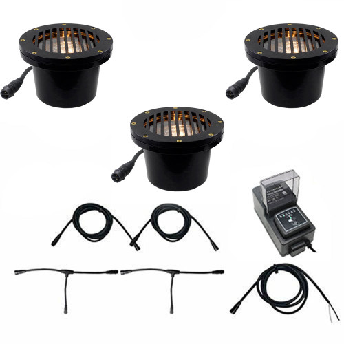 Cast In Ground N.S.C. Well Light 3 Kit w/ Flat Grill Cover System, Bulbs Included - OIGLK-4B-FGR-3