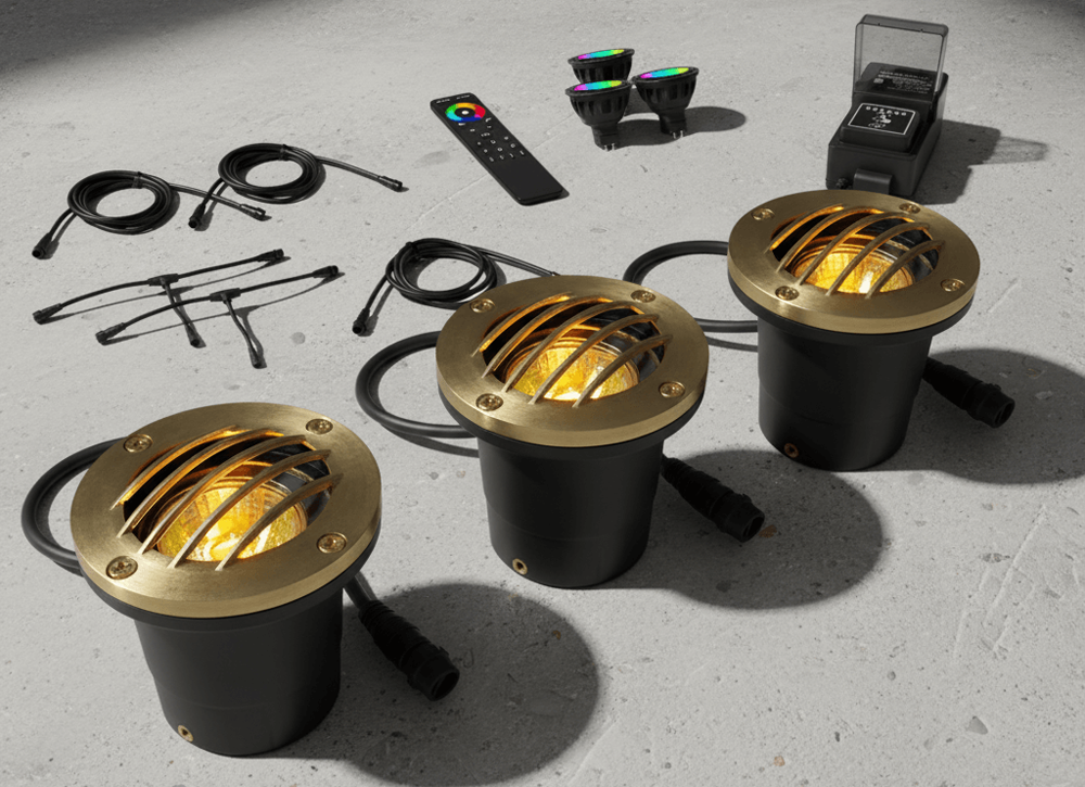 RGBCW 12V LED Curved Grill NSC In Ground Well Light Landscape Lighting 3 Kit Shown in Bronze