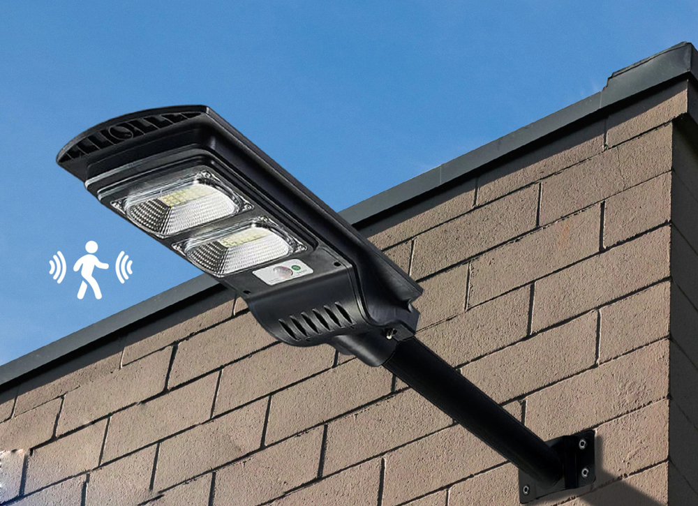 White background right angled shot of solar security light with remote
