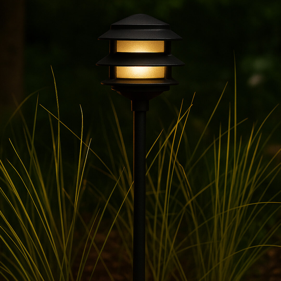 12V / 120V Cast Aluminum 3 Tier Pagoda Pathway Area Light w/ Clear Glass PAT3R
