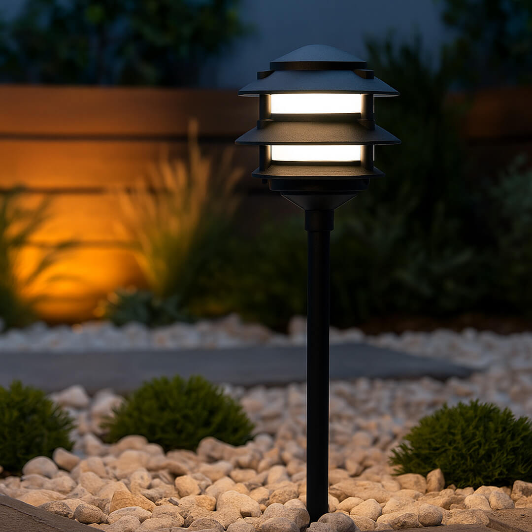 12V / 120V Cast Aluminum 3 Tier Pagoda Pathway Area Light w/ Clear Glass PAT3R