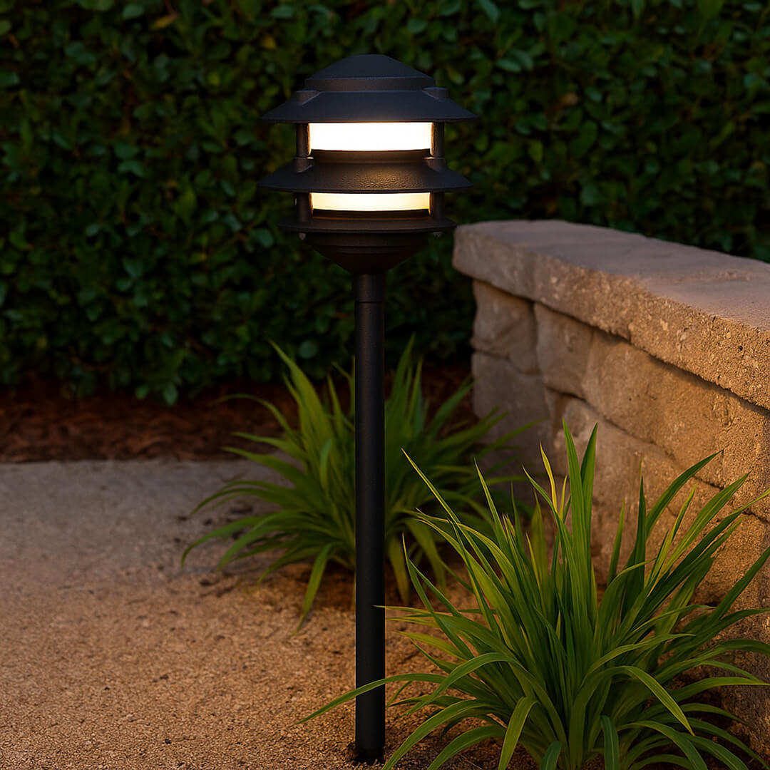 12V / 120V Cast Aluminum 3 Tier Pagoda Pathway Area Light w/ Clear Glass PAT3R