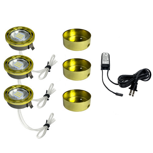 LED 3 Puck Light Kit in White Raw Brass