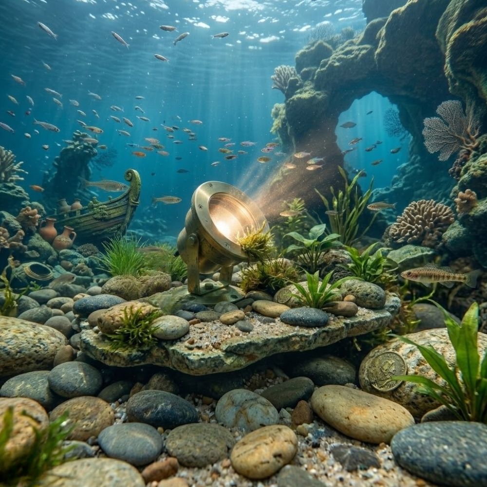 12V Large Cast Brass Underwater Adjustable Underwater Pond Lighting, Easy DIY Landscape Lighting, No Splice Connections (NSC) - PUDX-L-003