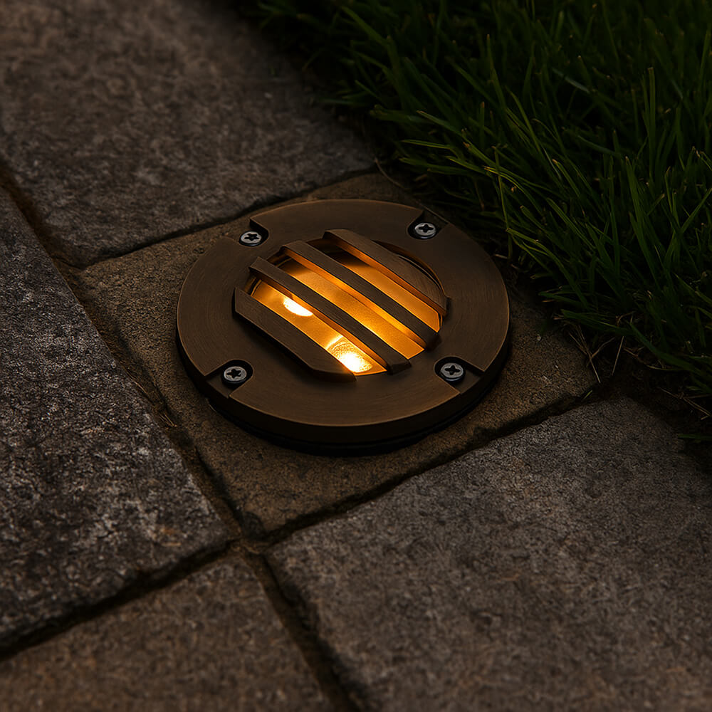 12V 6W Cast Brass Integrated LED In Ground Well Light w/ Curved Grill Cover - 5" Diameter - OIGL-5I-GRL