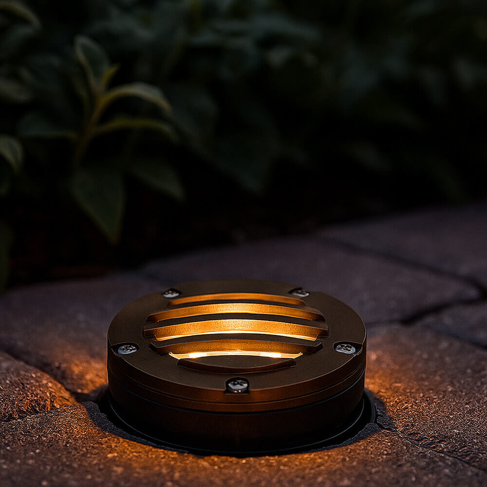 12V 6W Cast Brass Integrated LED In Ground Well Light w/ Curved Grill Cover - 5" Diameter - OIGL-5I-GRL