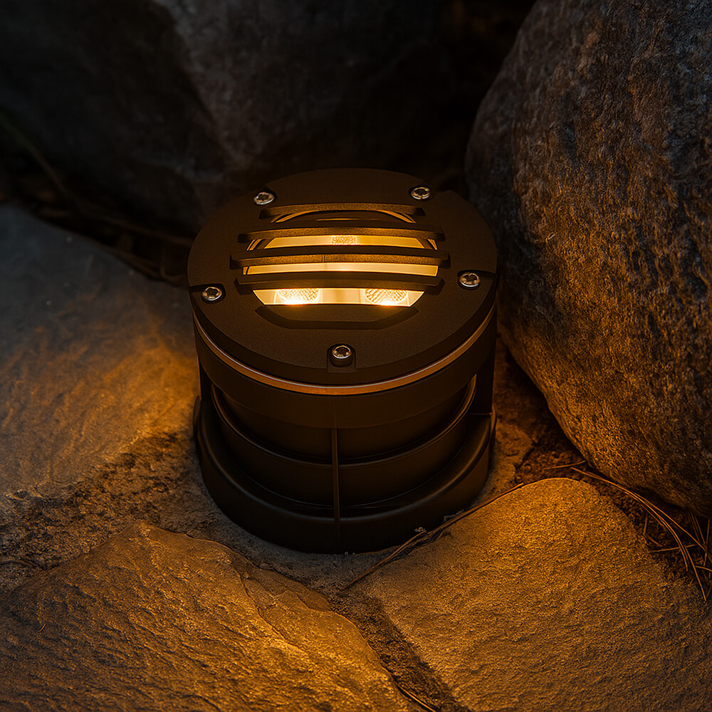 12V 6W Cast Brass Integrated LED In Ground Well Light w/ Curved Grill Cover - 5" Diameter - OIGL-5I-GRL