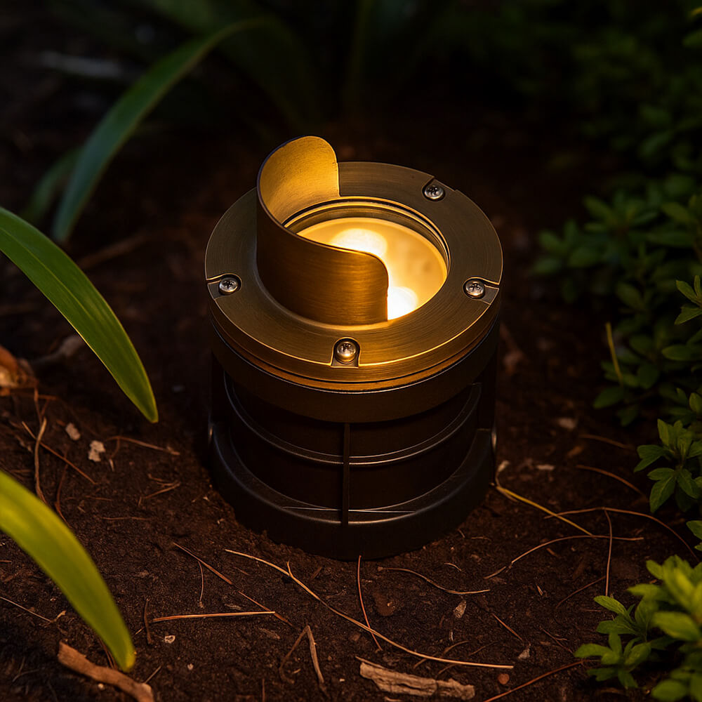 12V 6W Cast Brass Integrated LED In Ground Well Light with Glare Shield Cover - 5" Diameter - OIGL-5I-GSH