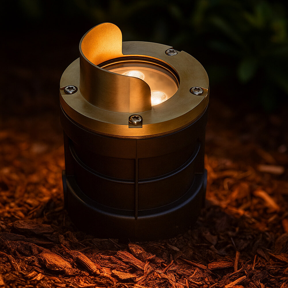12V 6W Cast Brass Integrated LED In Ground Well Light with Glare Shield Cover - 5" Diameter - OIGL-5I-GSH