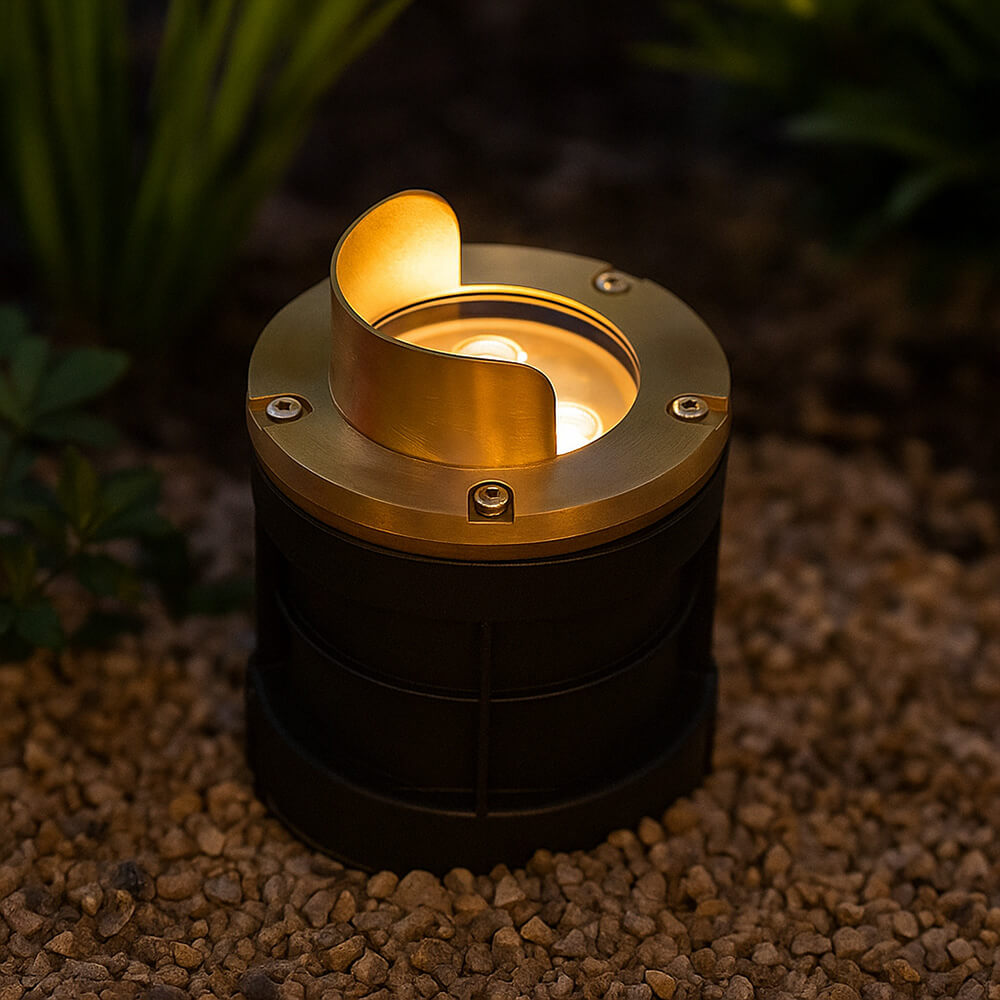 12V 6W Cast Brass Integrated LED In Ground Well Light with Glare Shield Cover - 5" Diameter - OIGL-5I-GSH