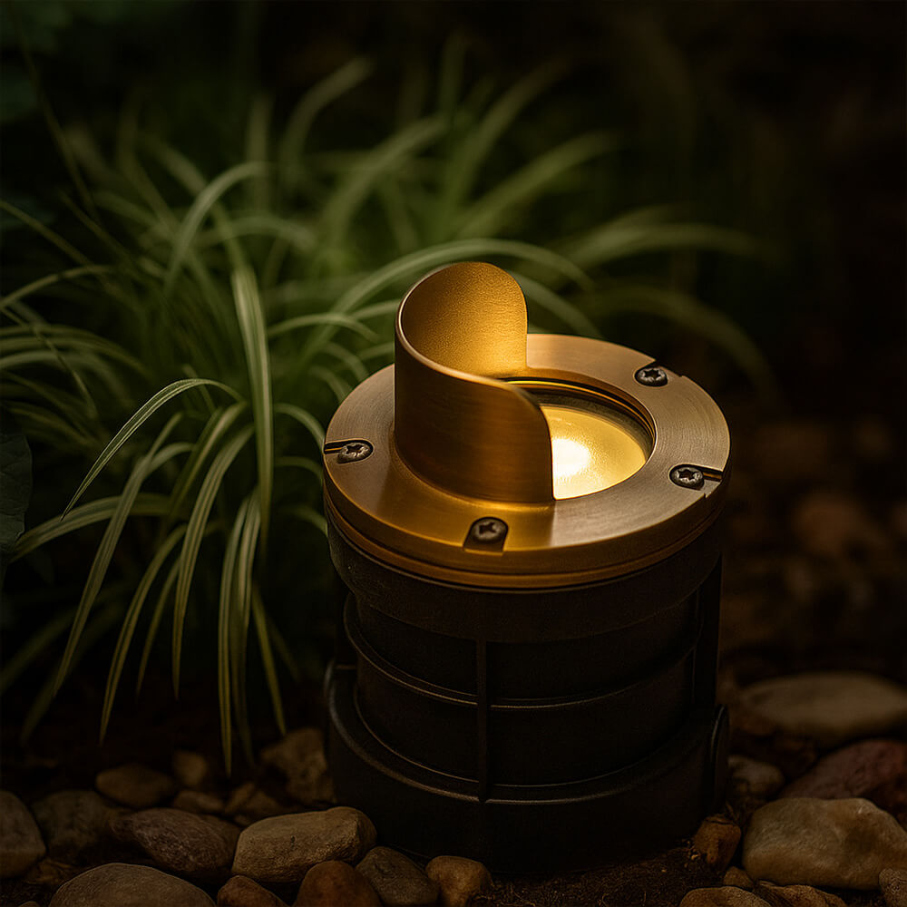 12V 6W Cast Brass Integrated LED In Ground Well Light with Glare Shield Cover - 5" Diameter - OIGL-5I-GSH