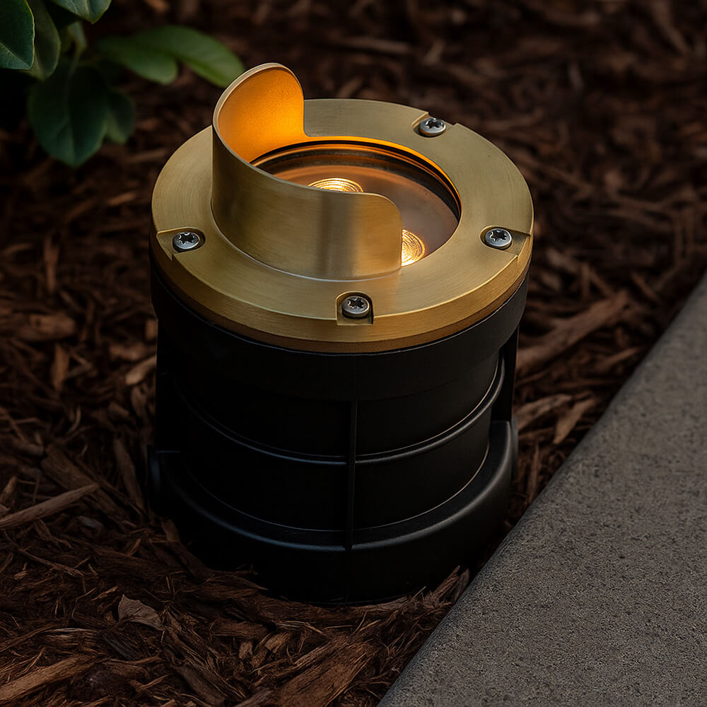 12V 6W Cast Brass Integrated LED In Ground Well Light with Glare Shield Cover - 5" Diameter - OIGL-5I-GSH