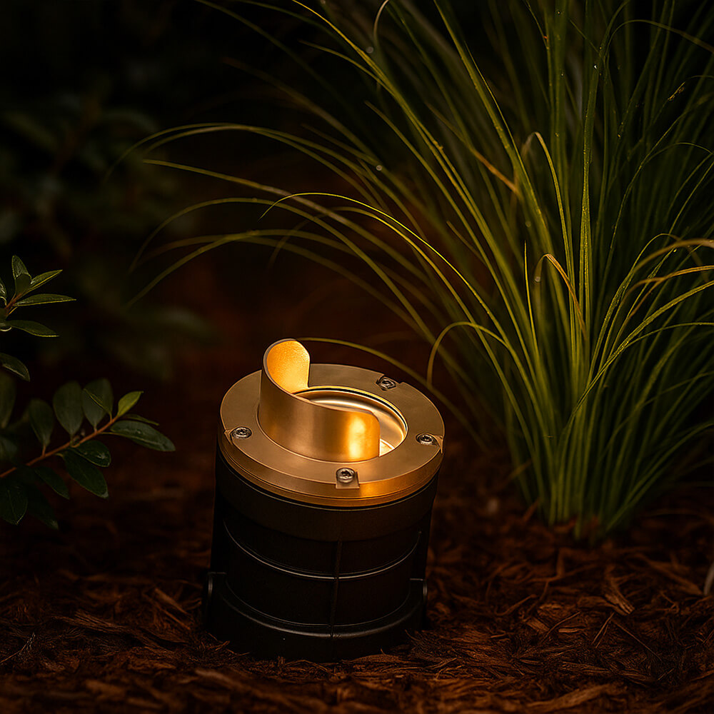 12V 6W Cast Brass Integrated LED In Ground Well Light with Glare Shield Cover - 5" Diameter - OIGL-5I-GSH