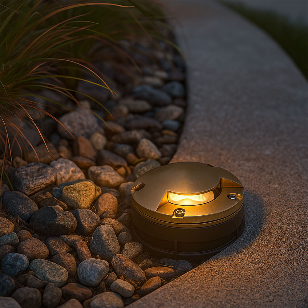12V 6W Cast Brass Integrated LED In Ground Well Light w/ One Leaf Mono Cover- 5" Diameter - OIGL-5I-MR1