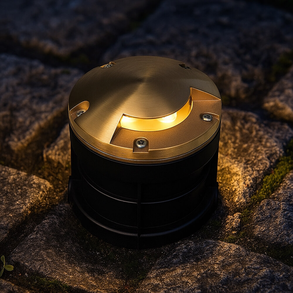 12V 6W Cast Brass Integrated LED In Ground Well Light w/ One Leaf Mono Cover- 5" Diameter - OIGL-5I-MR1
