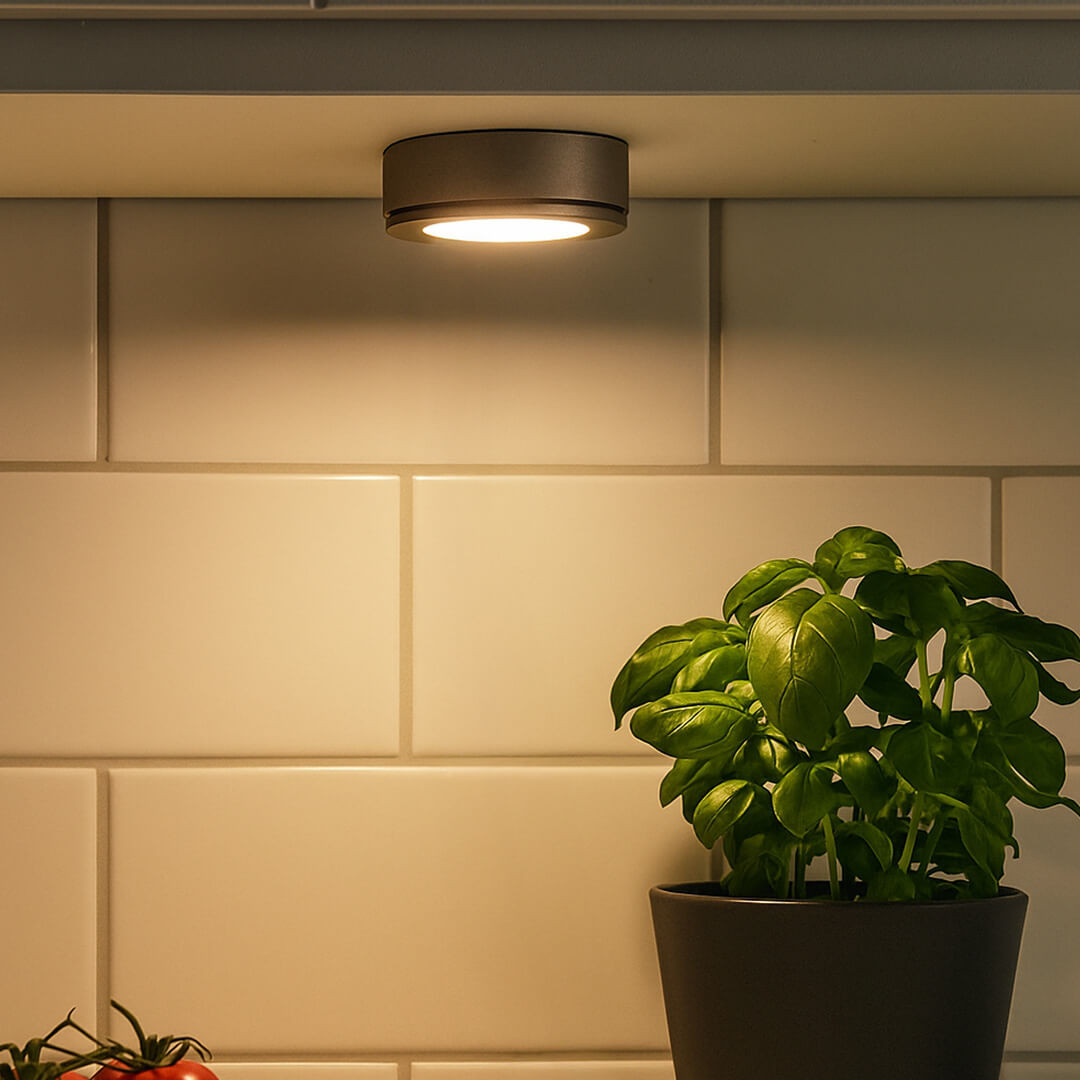 120V Dimmable Single Lead Puck Light Kit Under Cabinet Kitchen Overhead Lighting, Power Cord Included - AQUCCPKLED