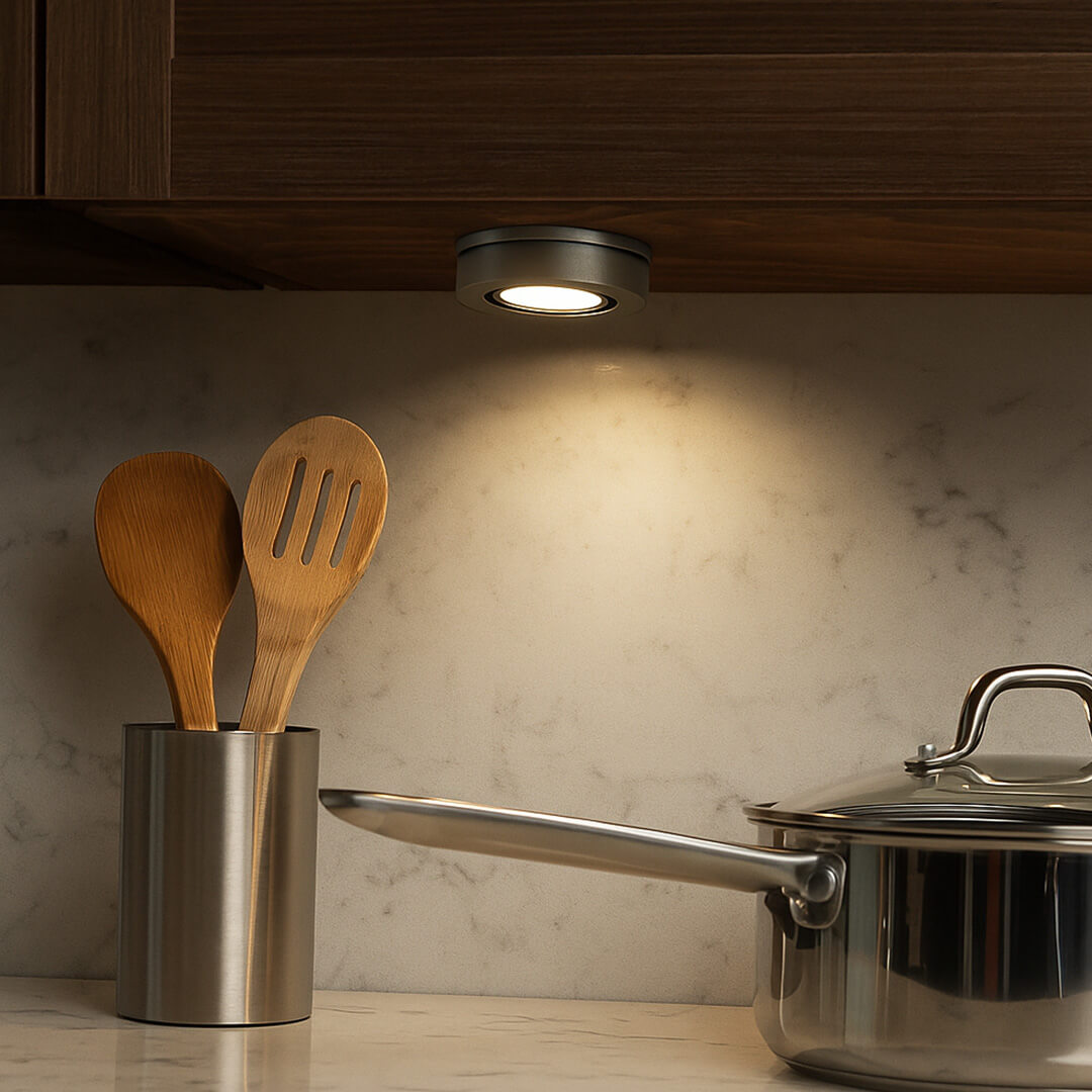 120V Dimmable Single Lead Puck Light Kit Under Cabinet Kitchen Overhead Lighting, Power Cord Included - AQUCCPKLED