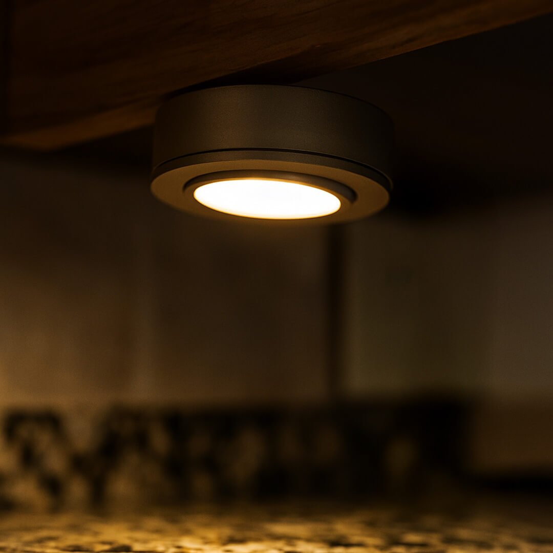 120V Dimmable Single Lead Puck Light Kit Under Cabinet Kitchen Overhead Lighting, Power Cord Included - AQUCCPKLED