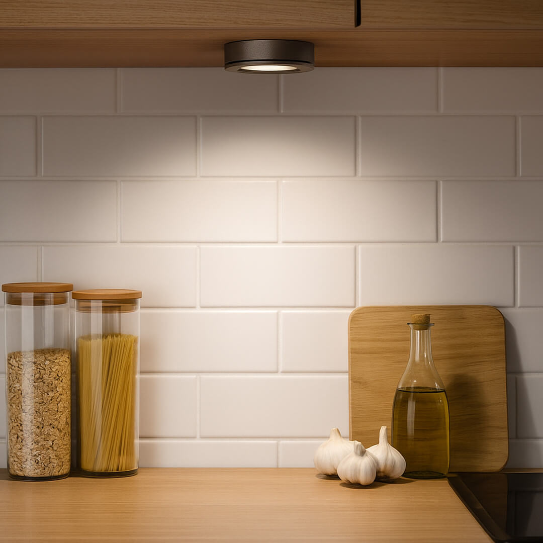 120V Dimmable Single Lead Puck Light Kit Under Cabinet Kitchen Overhead Lighting, Power Cord Included - AQUCCPKLED