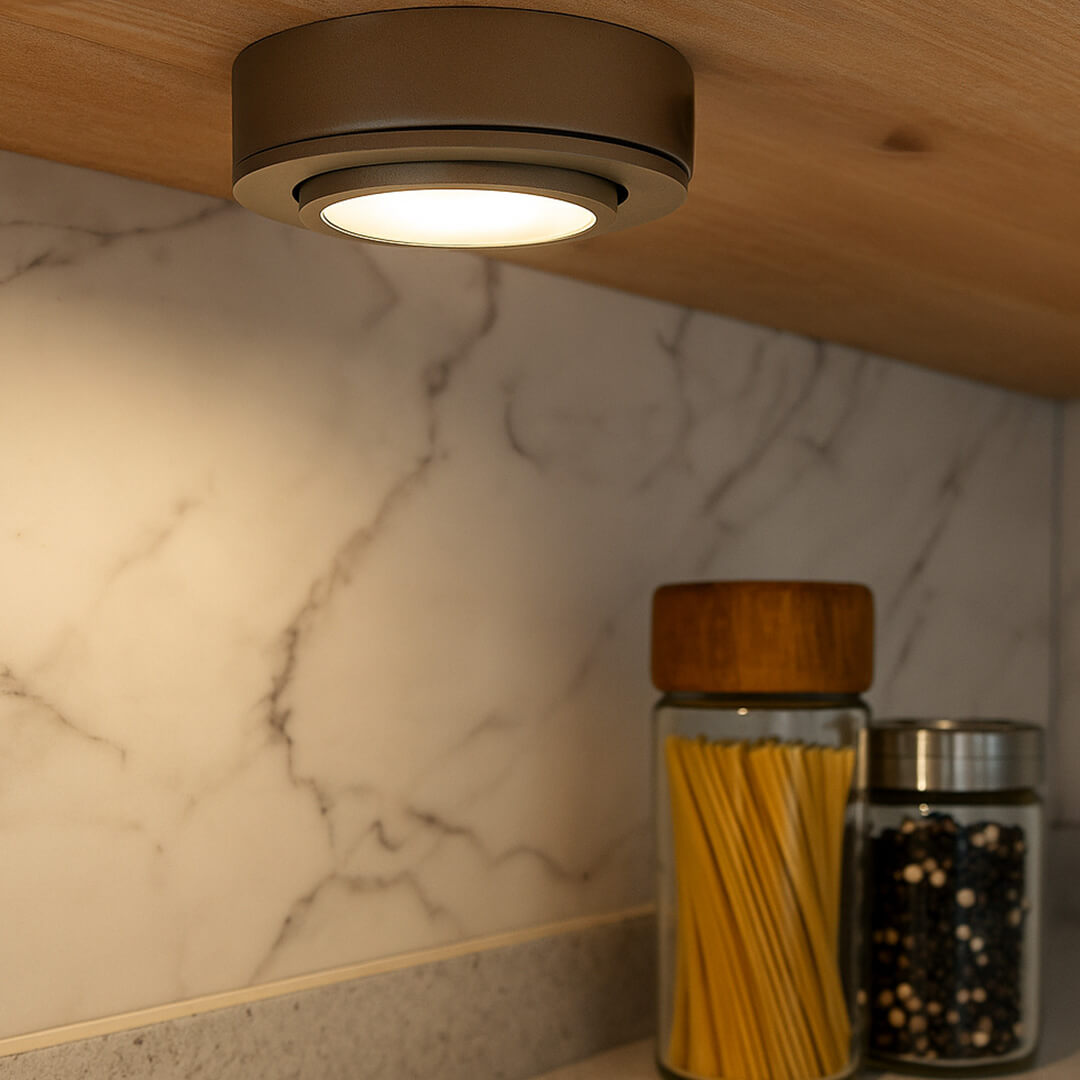 120V Dimmable Single Lead Puck Light Kit Under Cabinet Kitchen Overhead Lighting, Power Cord Included - AQUCCPKLED