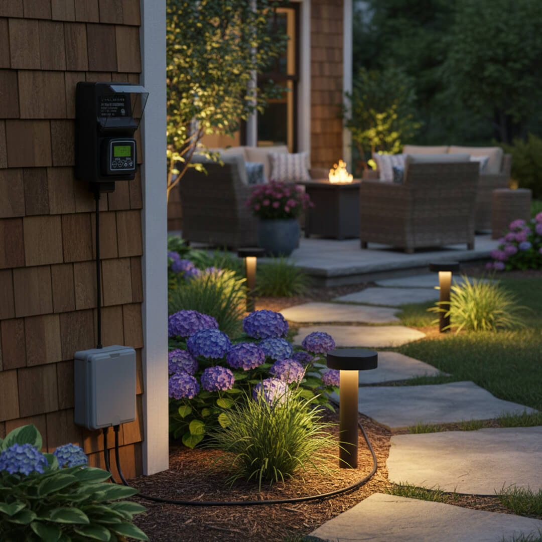 150W Compact Mini Outdoor Transformer w/ Astronomical LCD or Dusk to Dawn LED Timers - OTR-YLP-150