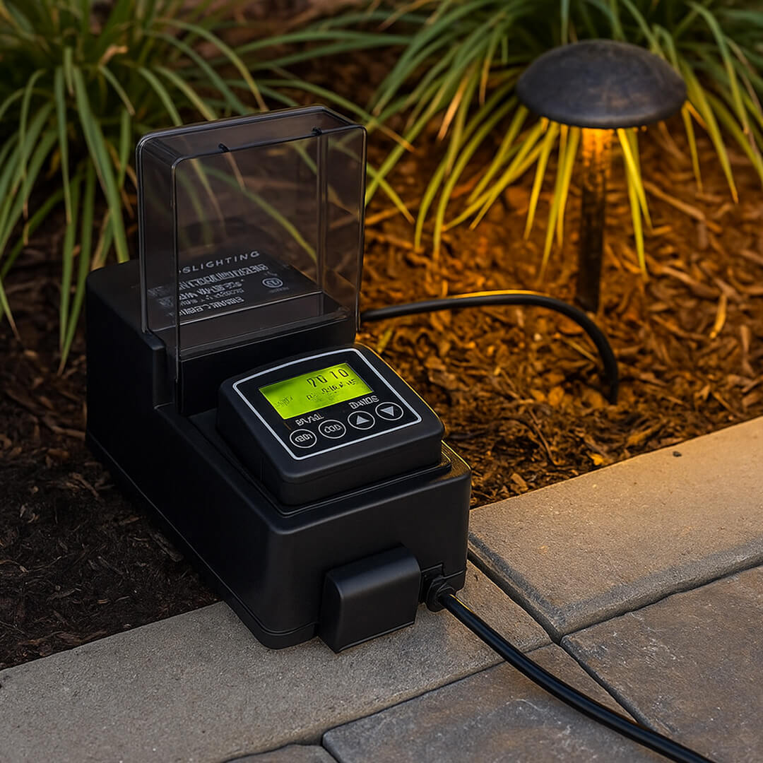 150W Compact Mini Outdoor Transformer w/ Astronomical LCD or Dusk to Dawn LED Timers - OTR-YLP-150