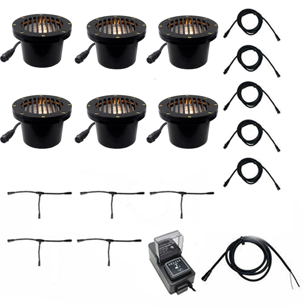 Cast In Ground N.S.C. Well Light 6 Kit w/ Flat Grill Cover System, Bulbs Included - OIGLK-4B-FGR-6