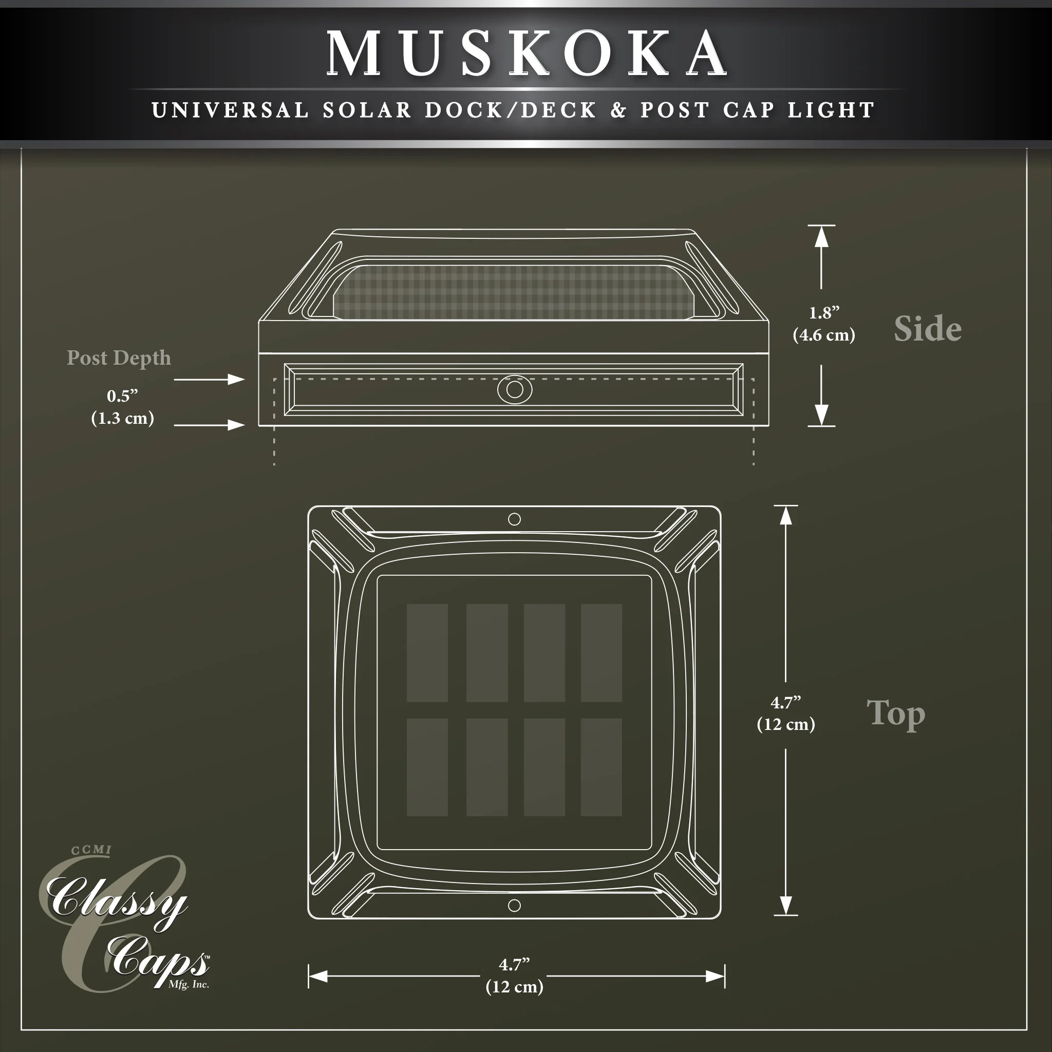 Front View of Angled Muskoka  Black Aluminum Solar Light with dimensions Front View of Angled Muskoka  Black Aluminum Solar Light with dimensions