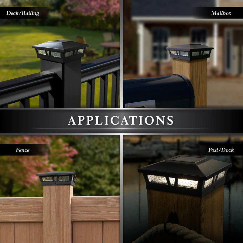 Picture of Oxford 6x6 Post light on a wooden post lights on with different examples. Picture of Oxford 6x6 Post light on a wooden post lights on with different examples.