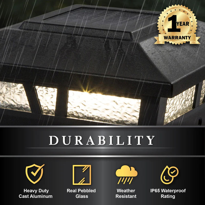 Picture of Oxford 6x6 Post light with white background lights on with durability features. Picture of Oxford 6x6 Post light with white background lights on with durability features.