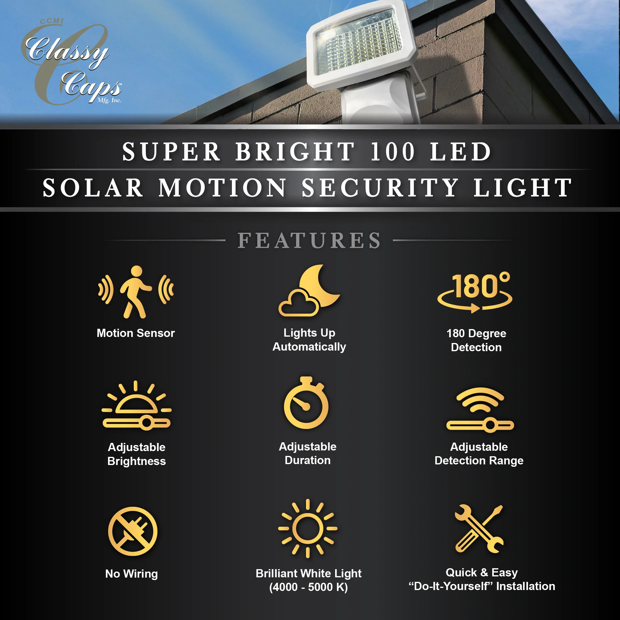 Front view of Solar Led Security motion activated light in white with different features explained Front view of Solar Led Security motion activated light in white with different features explained