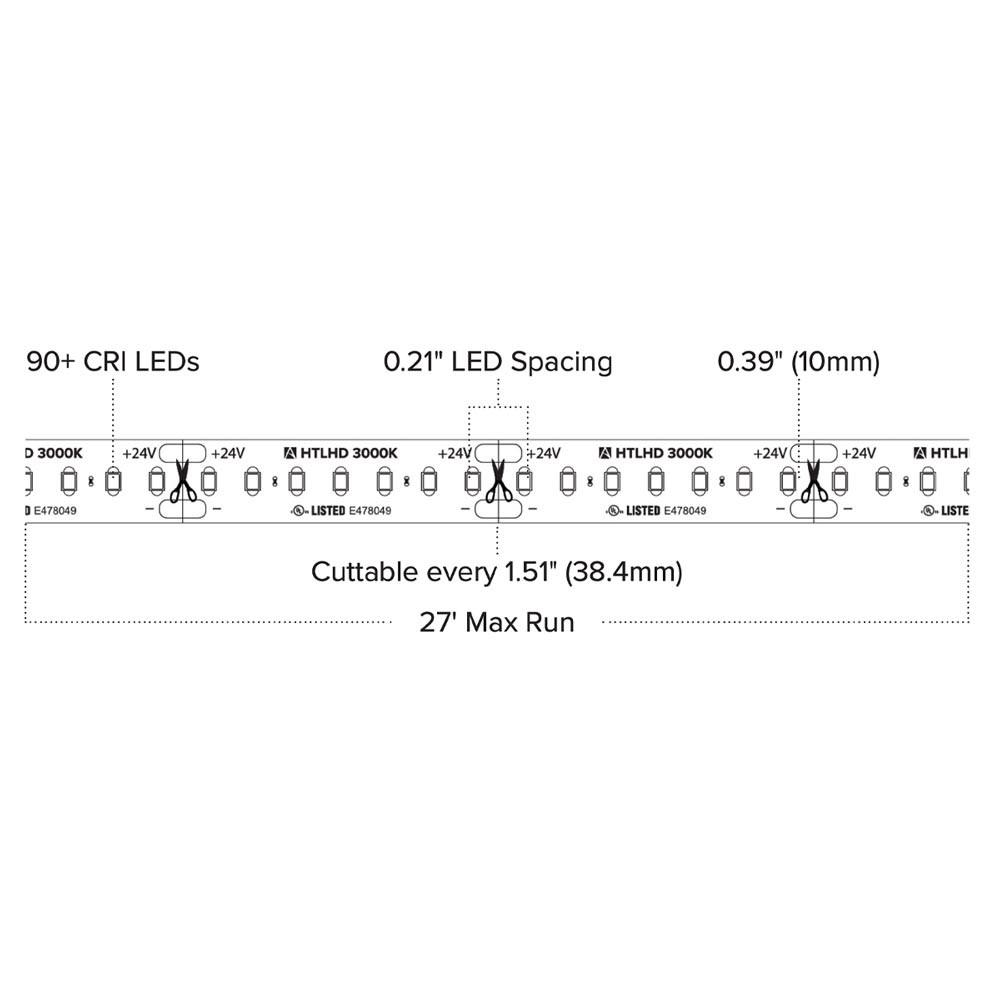 American Lighting 24V Static White LED Tape Light, 16.4' Reel, Dimmable High Output Strip Lighting, 3.65 Watts & 385 Lumens Per-Foot, IP54 Rated, Cuttable Every 1.51", Easy Installation - TPL-AML-HTLHD 