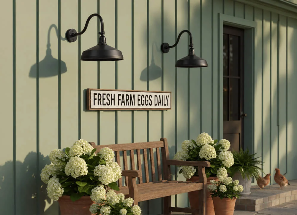 Two black gooseneck barn lights over a farm sign and bench on a green board-and-batten wall