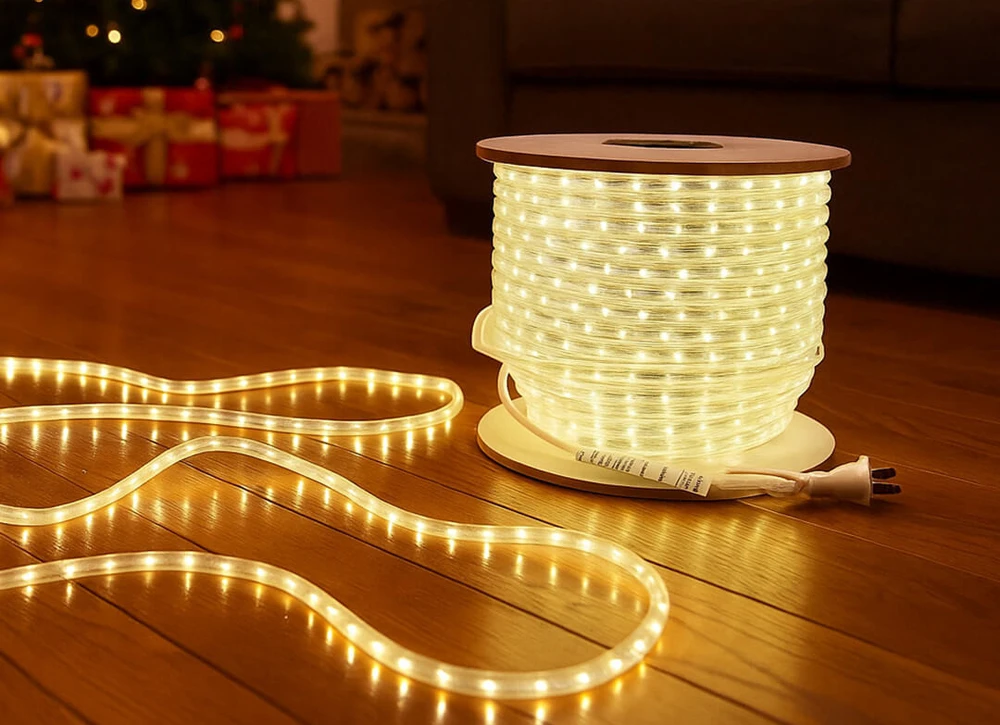 Warm white LED rope light uncoiled across a wood floor