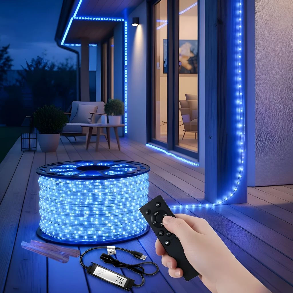 Blue LED rope light outlining a house at dusk, with RF remote